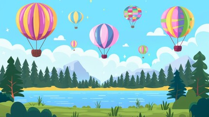 Animated cartoon airships with baskets flying above a lake and forest in this modern parallax background.