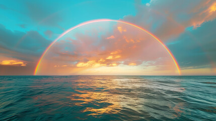 Mesmerizing sunset paints the ocean turquoise as a double rainbow arches across the sky.
