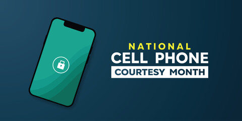 National Cell Phone Courtesy Month. Smart phone and padlock. Great for cards, banners, posters, social media and more. blue background.
