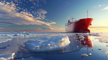 Cargo ship with containers driving through frozen sea with ice blocks floating in sea