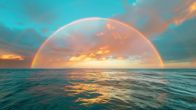Mesmerizing sunset paints the ocean turquoise as a double rainbow arches across the sky.