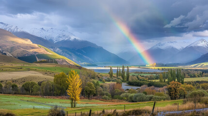 New Zealand's stunning Canterbury region boasts a breathtaking rainbow arching over the picturesque Tasman Valley.
