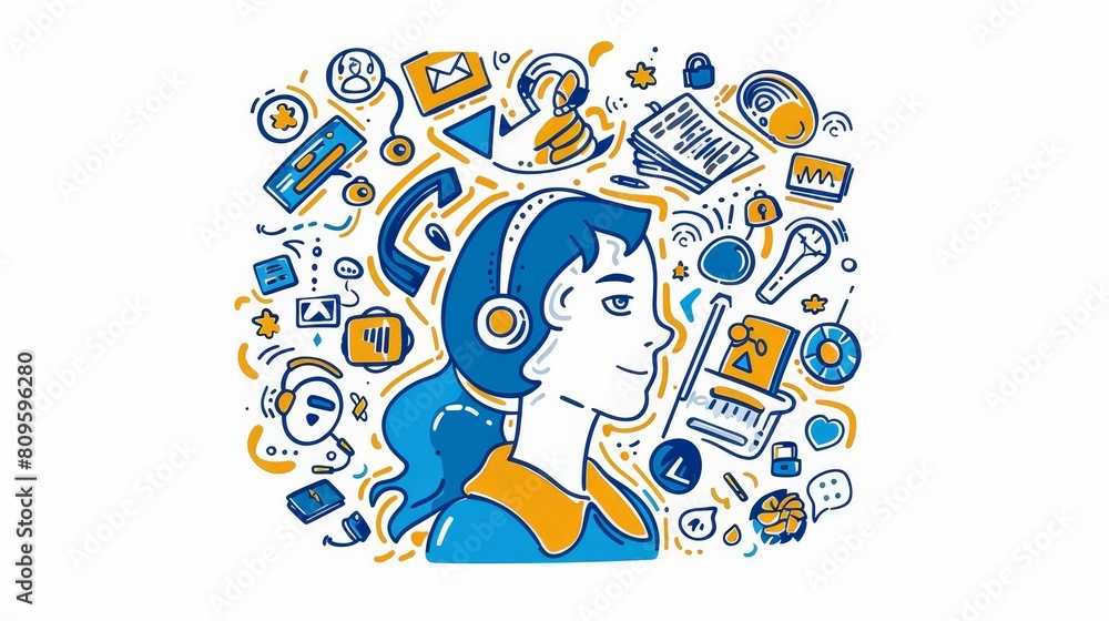 Aufkleber illustration of a customer service doodle showing a live operator on a call center hotline interacti