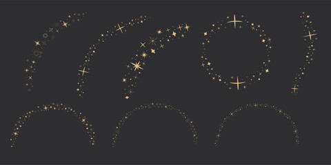 Gold star arch celestial, blink star mystic ornament, shiny minimal decoration on dark background. Shiny elements, starry and dots silhouettes. Comets stars and abstract constellations.