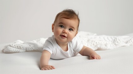 Fototapeta premium Portrait of adorable smiling newborn baby child relaxing in bed white interior background