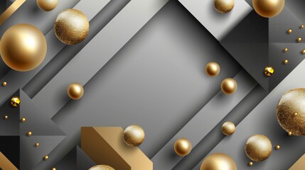 Abstract background with geometric shapes and gold spheres on gray, black, white and beige colors. Minimalistic concept of the modern design in high resolution.