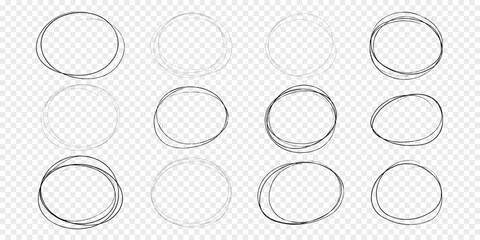 Circle scrible circular emphasis frame, fast mark, pencil line doodle frame. Ring, oval sketch highlight sphere on transparent background. 