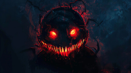 Dark Fantasy Art of a Shadowy Humanoid Creature With Glowing Red Eyes and Sharp Teeth 