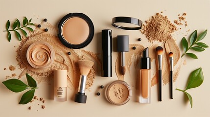 Flat lay set of professional decorative cosmetics, makeup tools and accessory on beige background