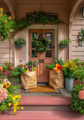 Delivered parcel on door mat near entrance, e-commerce purchase on welcome mat