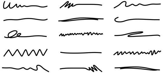 Pen underline line stroke, marker scribble. Hand drawn mark, brush drawn curve, doodle sketch vector. Pen text underline, handwritten doodle elements, lettering emphasis. Vector illustration
