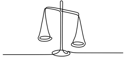 One Line drawing of law balance and scale of justice. Symbol of equality and concept court and logo firm in simple linear style. Libra icon. Doodle vector illustration