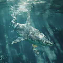 Naklejka premium Great white shark in the ocean depths