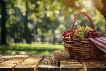 wooden picnic table in a park, a wicker basket with grapes bread and cheese banner