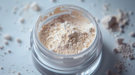 Close up of cosmetic make up beige face powder jar on white background