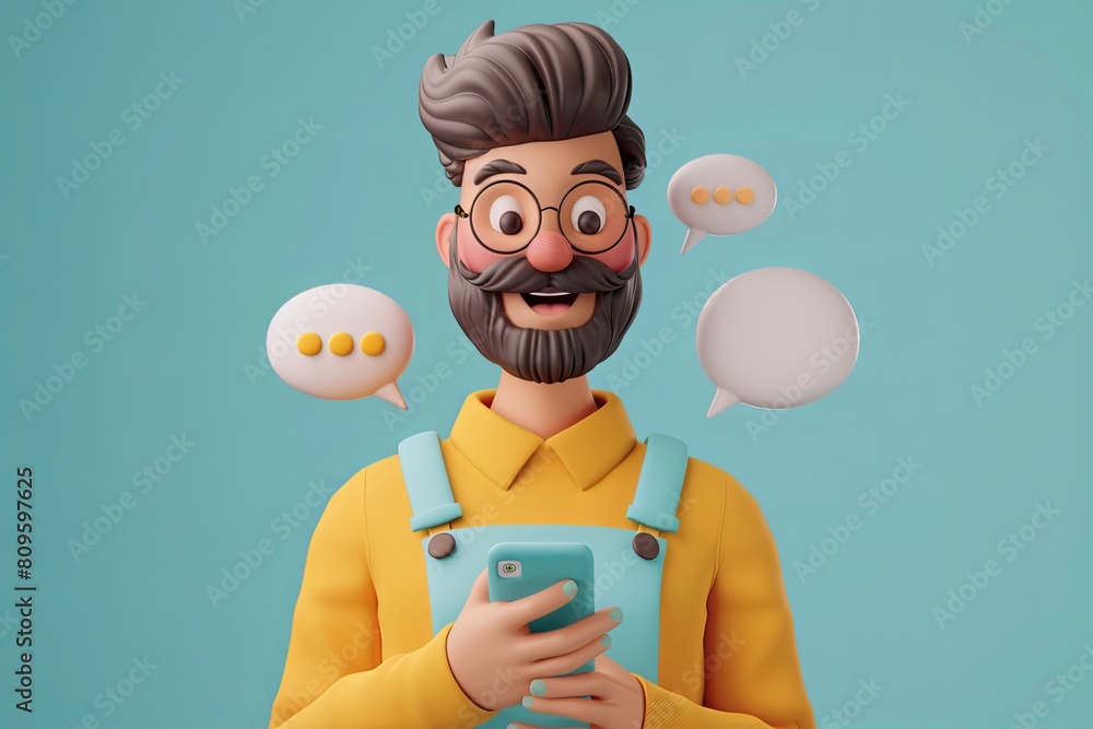 Canvas Prints 3d rendering. Cartoon man with phone, text message bubbles 