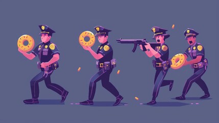Set of police officer lifestyles. Cops issue fines, chase bandits, use guns and eat donuts at work. City cops fight criminals. Linear flat modern illustration.