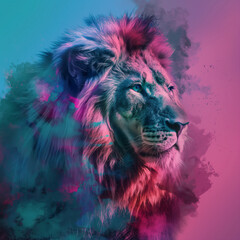 Vibrant lion portrait with pink and blue hues