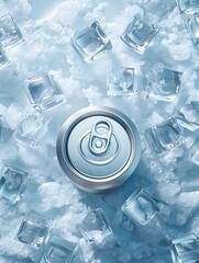Metal Beverage Can on Ice with Water Droplets