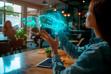 A person engaging with a futuristic holographic display interface in a casual cafe environment
