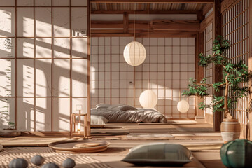 An inviting traditional Japanese tatami room bathed in warm sunlight, featuring sliding doors and...