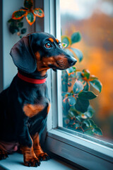 A small dachshund puppy looks longingly out a window, bathed in warm light