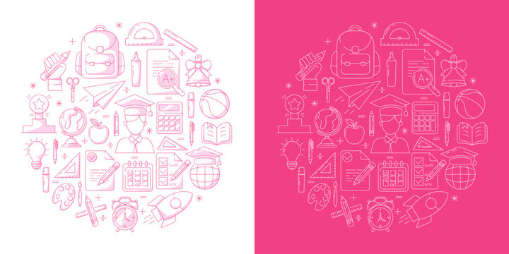 School and education, round composition, line vector icon set, editable stroke. Back to school design with symbols of knowledge, learning, study, task list, stationery, backpack. For web, social media