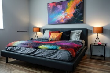 Luxury bedroom with soft and comfy neat bed with natural lighting, expensive and luxury art and paint work.