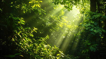 Sunlight streaming through the dense foliage of a lush green forest.