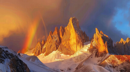 Stunning mountain peaks of the Pale di San Martino group in the Italian Dolomites, bathed in golden sunset light. A glacier glistens, and a rainbow arcs across the sky.