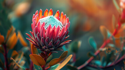 Close-up of a Protea flower with vibrant red petals. - Powered by Adobe