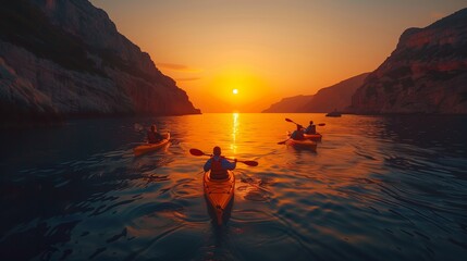 Rear view of people meeting sunset on kayaks on lake together with beautil landscape in backgrounds