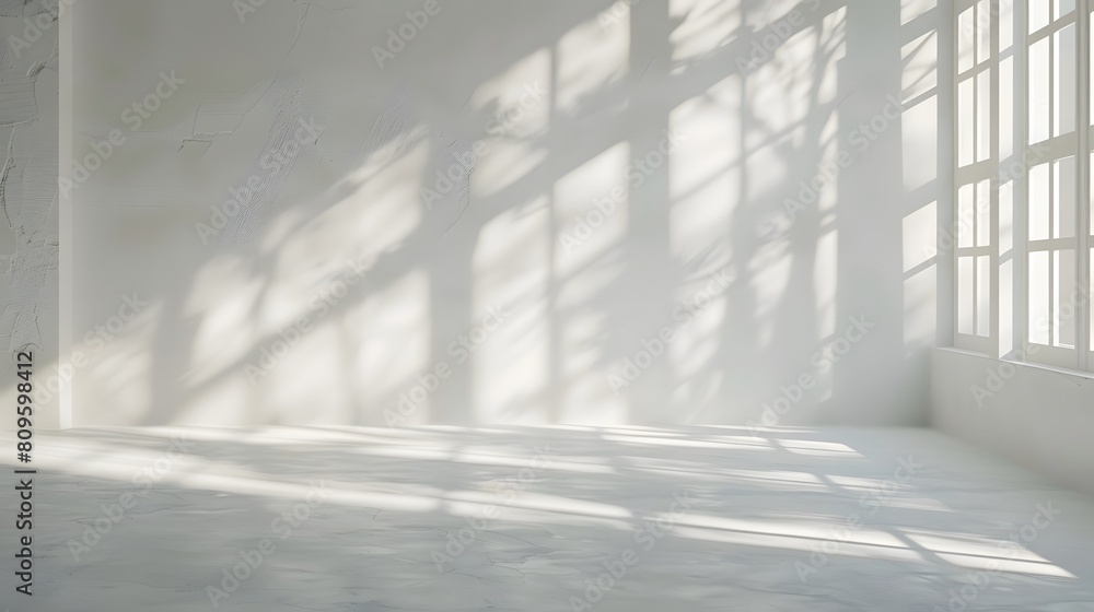 Poster spacious empty room with large windows casting dramatic shadows and sunlight across a smooth floor.