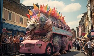 Pink Double Decker Bus Driving Down City Street - obrazy, fototapety, plakaty