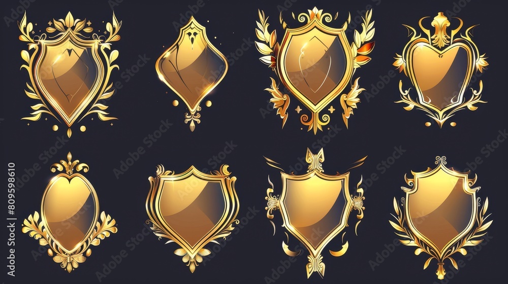 Poster modern set of empty achievement emblems with decorative golden borders. modern cartoon set of empty 