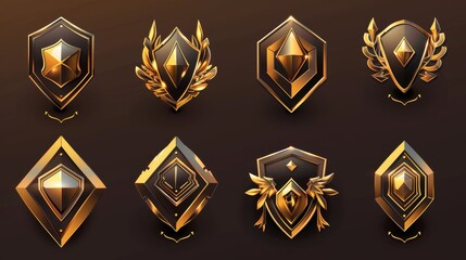 Modern cartoon set of empty achievement emblems with decorative golden borders. Golden avatar frames and award badges isolated on black background.