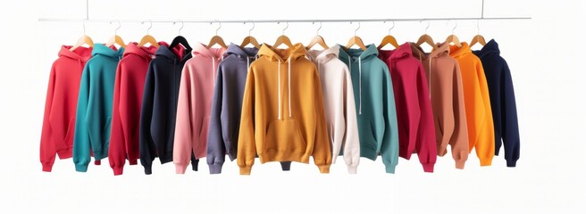 Colorful hoodies hanging on rack in a row.