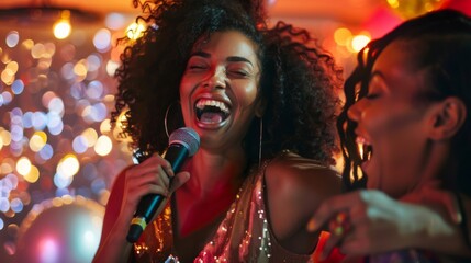 Cheerful Women Singing at Karaoke
