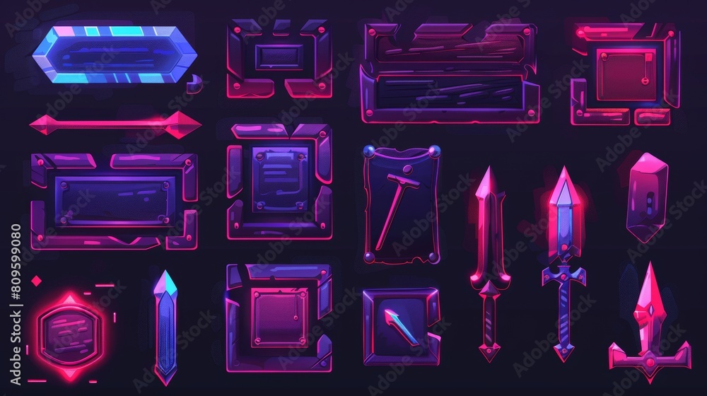 Poster a set of ui or gui elements for gaming, including frames, buttons, bars, and menus. empty borders, b