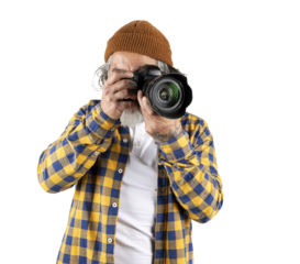 Male photographer with professional camera on white or transparent background