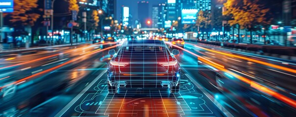 A sports car is driving down a city street at night. The city lights are blurred and the car is in focus with high-tech scanner.