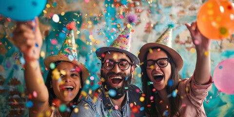 Obraz premium A vibrant and joyous birthday celebration with friends throwing colorful confetti and balloons creating a festive atmosphere