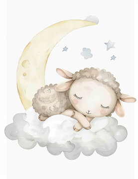 oveja beb&eacute; durmiendo en la luna. ilustraci&oacute;n acuarela
