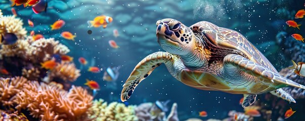 Happy cute sea turtle swimming freely in the blue ocean. Scuba diving with the underwater sea turtle. RIch blue sea water background. AI generated illustration