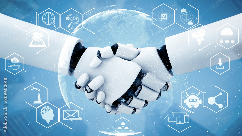 Poster mlp 3d illustration hominoid robot handshake to collaborate future technology development by ai thin