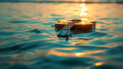 Guitar floating gently on calm water during sunset