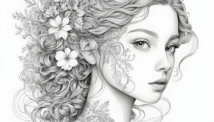 Craft a line art portrait of a girl with intricate