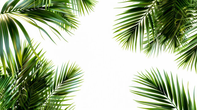 Palm Leaves Border.  Generated Image.  A digital rendering of palm tree leaves bordering a white background.