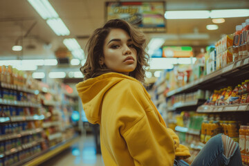 Young Latina woman shopping in a grocery store aisle