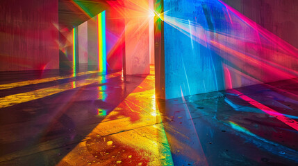 Vibrant rainbow colors dance within a prism, casting ethereal flares of light onto a dark canvas.